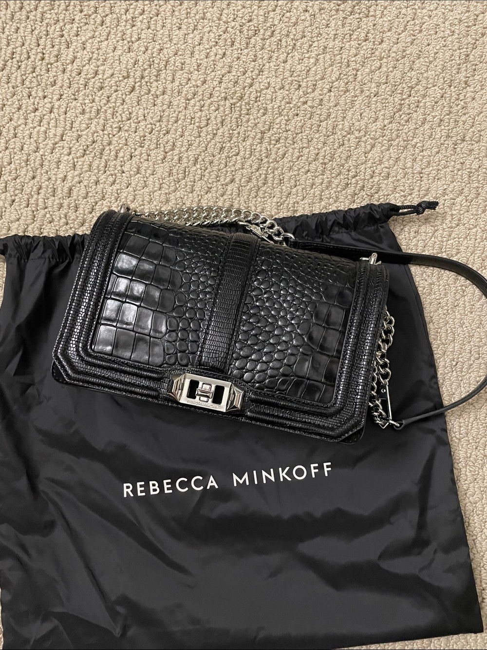 Rebecca Minkoff Love Black Croc-Embossed Leather Crossbody with Silver Hardware